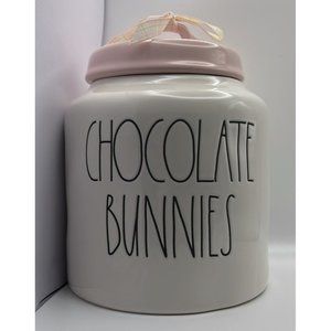 BRAND NEW 2023 Rae Dunn LL CHOCOLATE BUNNIES White Chubby Canister with Pink Lid